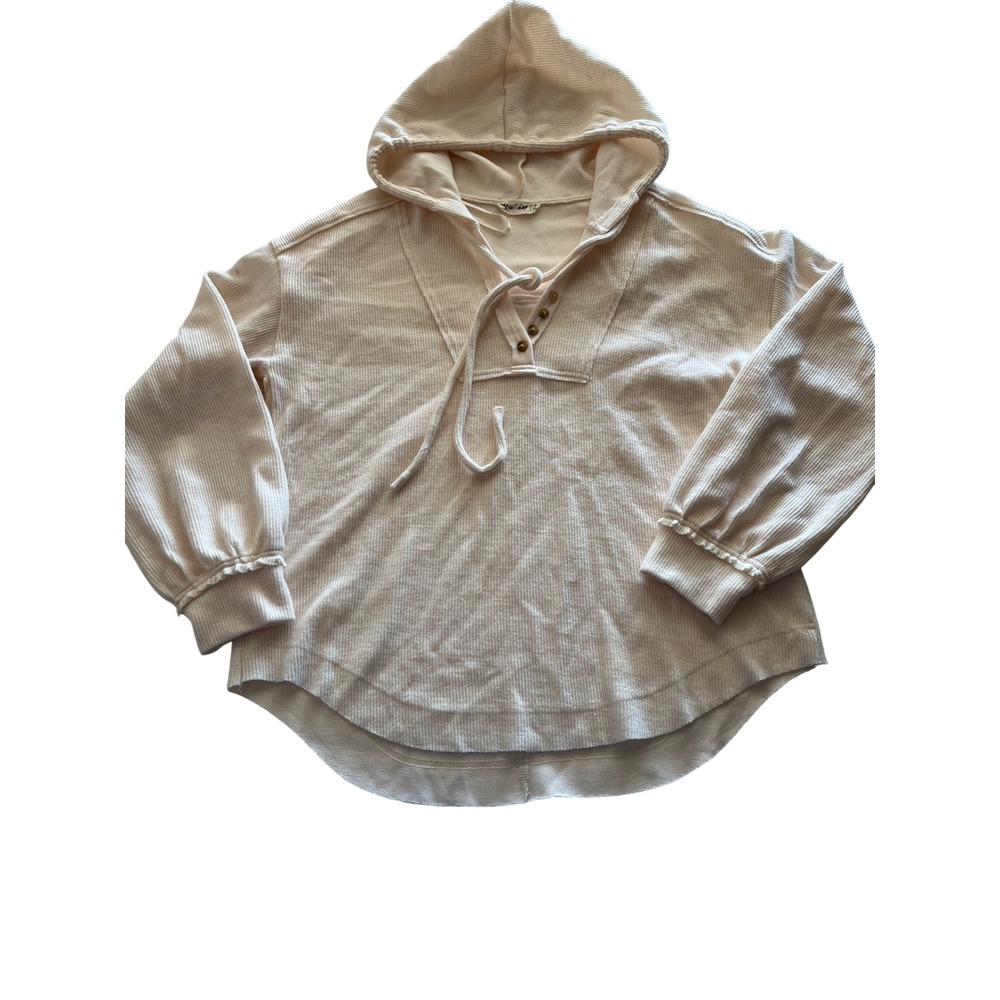 New In Women Cream Waffle Knit Henley Hoodie Ruffle Cuff Thermal Top Small